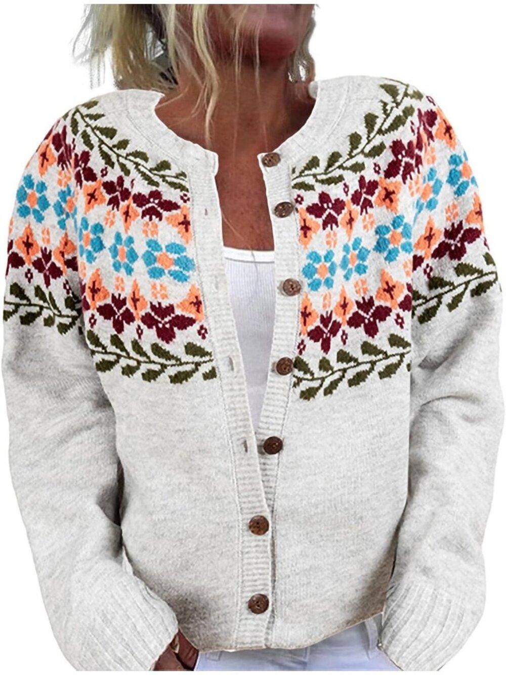 Women’s Cream Floral Fair Isle Knit Button Down Fall Cardigan Sweater